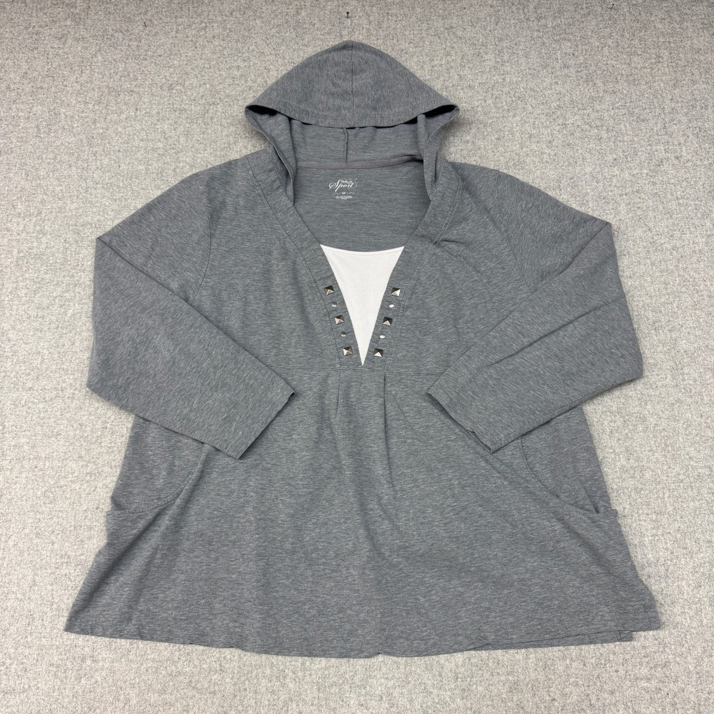 Style & Co Woman Sport Hooded Top 3X Gray Studded V-Neck Layered Pocket Pullover